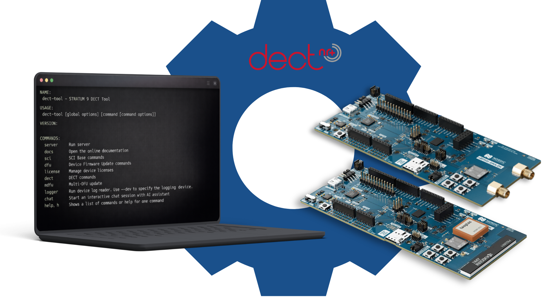 STRATUM 9 DECT NR+ Starter Kit showing the DECT tool on a screen and the Nordic development boards