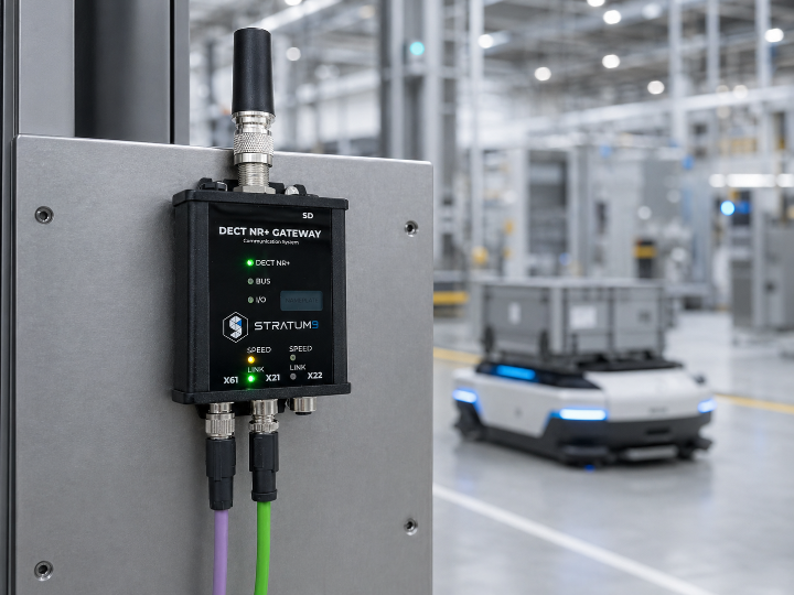 Das Bild zeigt das DECT NR+ Gateway in einer industriellen Produktionsumgebung mit mobilen Robotern