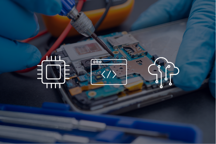 Das Bild zeigt die Bearbeitung eines Elektronikbauteils mit offener Leiterplatte und 3 Icons für Elektronikentwicklung, Embedded Software Entwicklung und IoT Cloud Lösungen