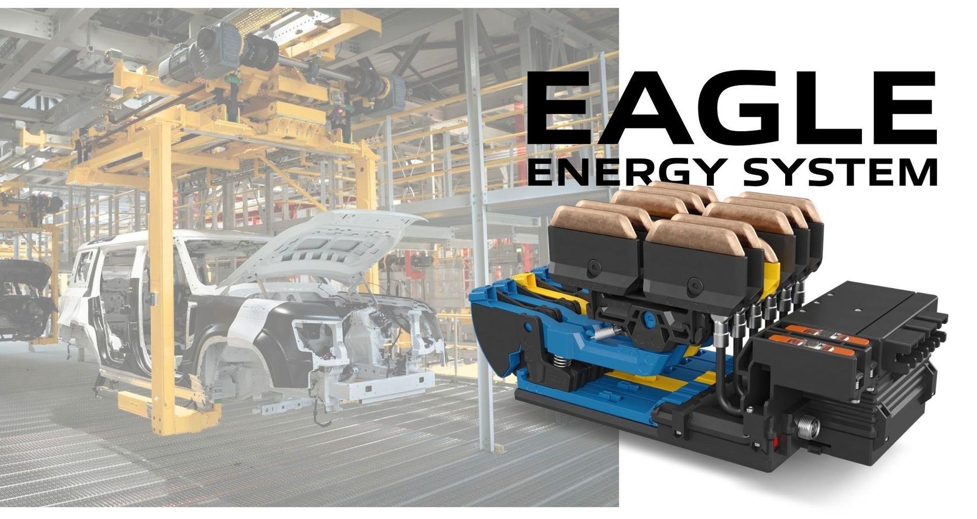 Einheit mit 6 Stromabnehmern des EAGLE Energy Systems neben einem Bild einer Elektrohängebahn mit eingehängter Kfz-Karosserie